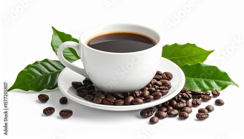 Cup of Black Coffee with Roasted Beans on White Background
