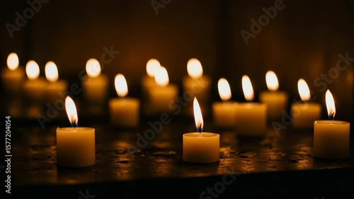 Flickering candle flames in dark room with multiple warm light sources and soft ambient shadows, atmospheric loop for calm and spiritual settings, no people