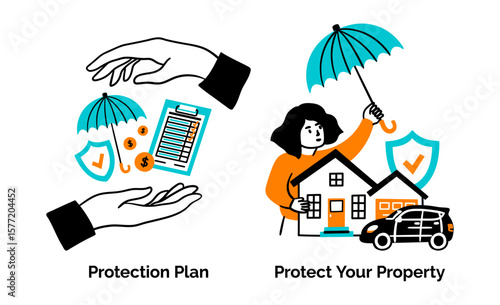 Cartoon Color Insurance Service Scenes Concept Set Protection Plan and Protect Your Property Flat Design Style. Vector illustration