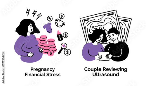 Cartoon Color Pregnancy Scenes Concept Set Financial Stress and Couple Reviewing Ultrasound Flat Design Style with Elements Thin Line. Vector illustration