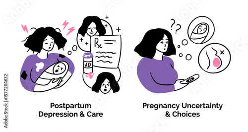 Cartoon Color Pregnancy Scenes Concept Set Postpartum Depression and Uncertainty Flat Design Style with Elements Thin Line. Vector illustration