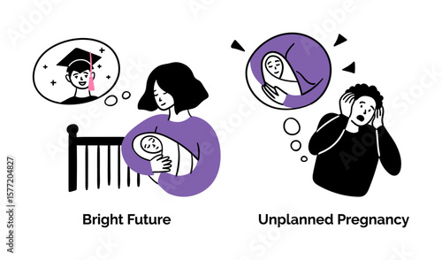 Cartoon Color Pregnancy Scenes Concept Set Bright Future and Unplanned Pregnancy Flat Design Style . Vector illustration