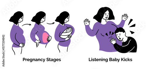 Cartoon Color Pregnancy Scenes Concept Set Stages and Listening Baby Kicks Flat Design Style. Vector illustration