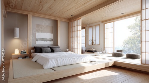 japanese zen bedroom interior, tatami mats, shoji screens, low futon bed, minimal decoration, natural wood, soft warm lighting, peaceful 