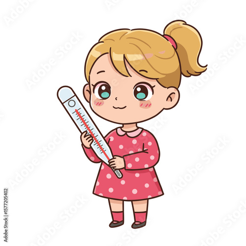 Girl with thermometer in red polka dot dress. Perfect for health monitoring, childhood illness, and temperature check concepts.