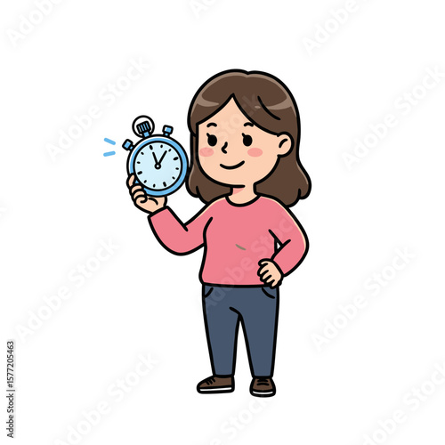 Woman holding alarm clock in casual outfit. Perfect for time management, schedule planning, and productivity concepts.