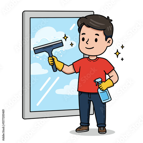 Boy cleaning window with squeegee in red shirt. Perfect for household chores, cleaning services, and home maintenance illustrations.