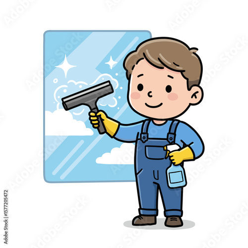 Boy cleaning window with squeegee in blue outfit. Ideal for household chores, cleaning services, and home maintenance concepts.