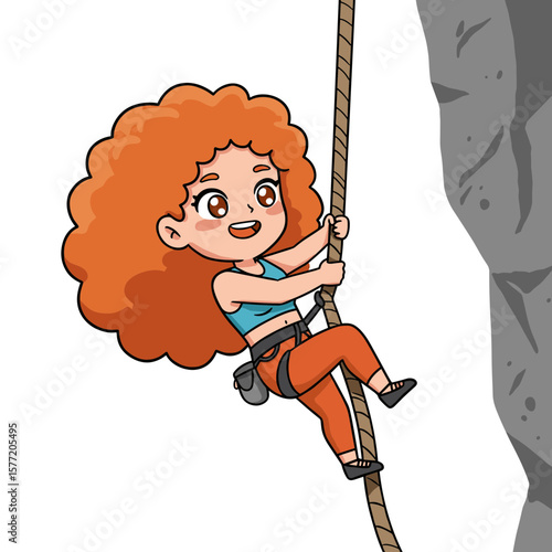 Girl with curly orange hair rock climbing with rope. Perfect for adventure sports, outdoor activities, and physical challenge concepts.