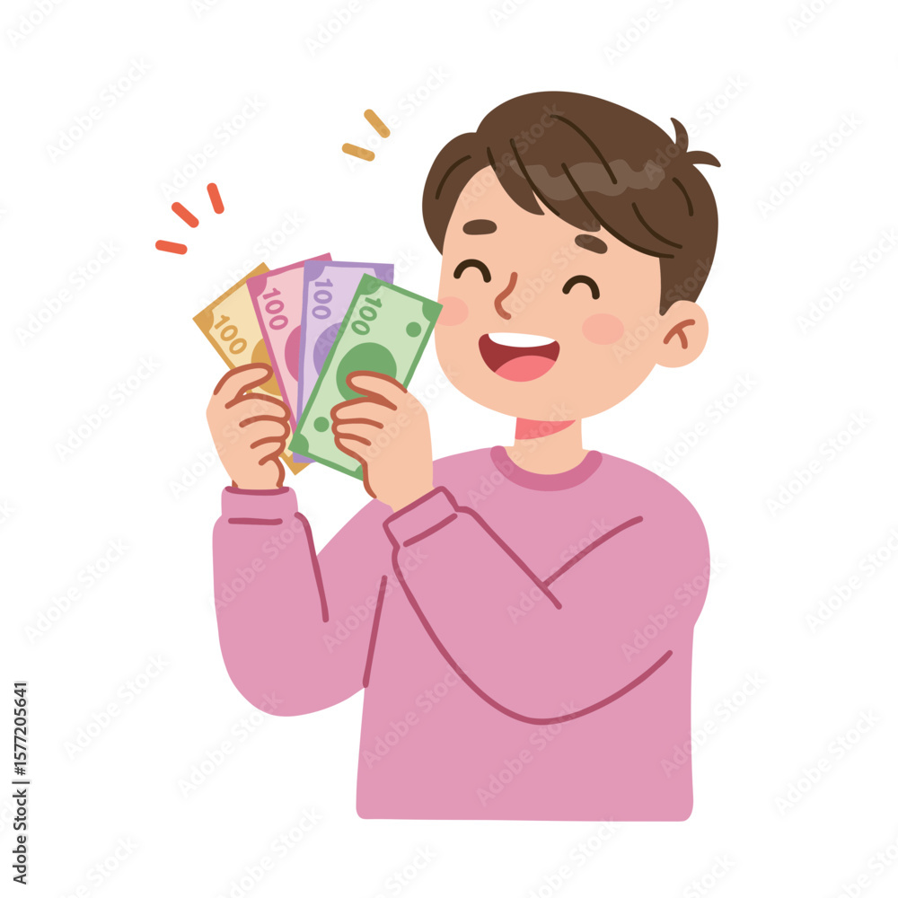 Boy holding colorful currency with joy. Financial education concept for money management, savings, and economic literacy for children. Boy holding colorful currency with joy. Financial education concept for money management, savings, and economic literacy for children.