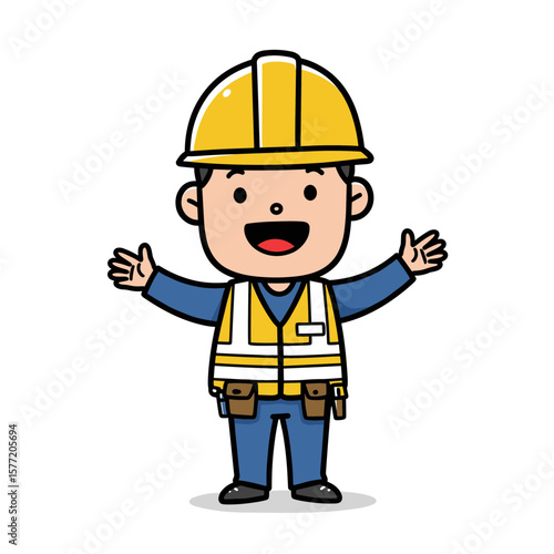 Man in construction safety vest and helmet with welcoming gesture. Perfect for construction safety and worker concepts.