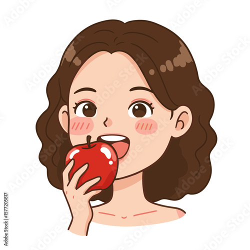 Woman biting into red apple with cheerful expression. Ideal for healthy snacking and natural nutrition concepts.