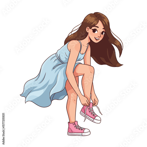 Woman tying shoelaces on pink sneakers. Perfect for active lifestyle and casual fashion concepts.