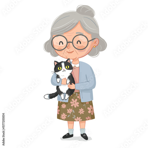 Grandmother holding black and white cat lovingly. Perfect for pet companionship and senior lifestyle concepts.
