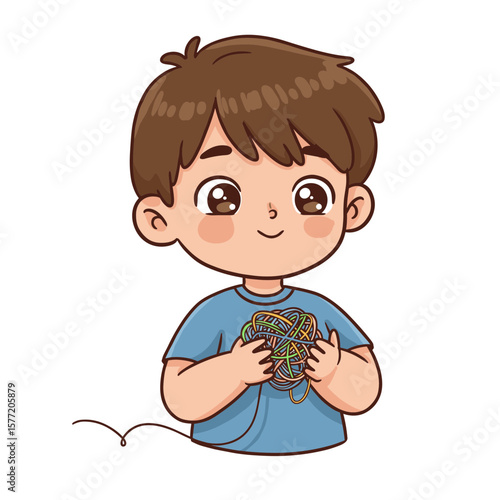 Curious boy holding a ball of tangled wires and looking intrigued 