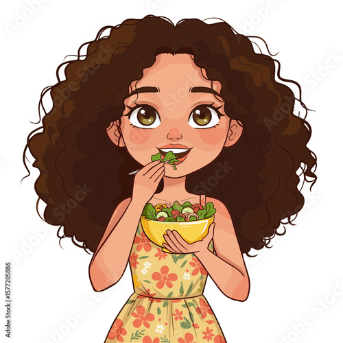Woman with curly hair eating salad from bowl. Ideal for healthy eating, nutritious meal preparation, or balanced diet concept illustrations.
