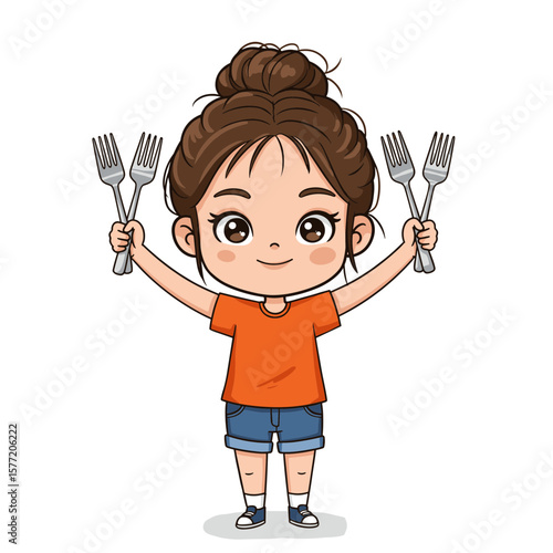 Girl with forks holding kitchen utensils. Ideal for children's cooking classes, family meal preparation, and junior chef programs.