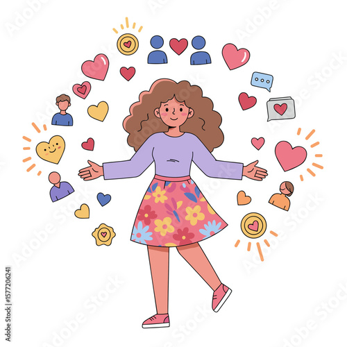 Girl with love expressions surrounded by hearts and social media icons. Ideal for digital relationships, online connection, and virtual community concepts.