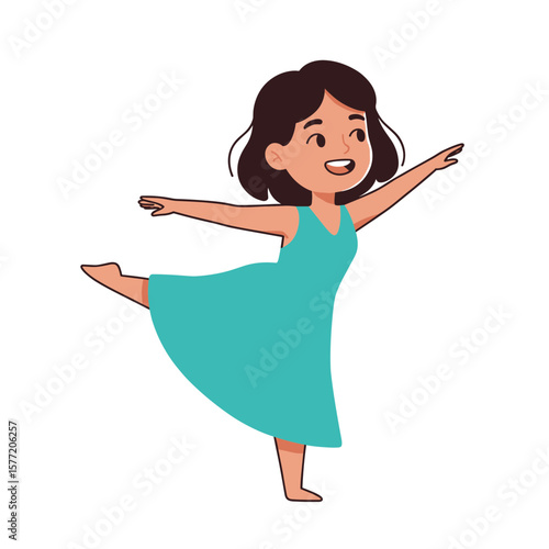 Girl in dance pose performing graceful movement. Ideal for children's dance classes, physical expression, and movement education programs.