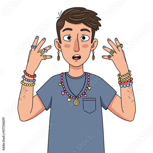 Man with jewelry wearing colorful accessories. Perfect for fashion styling, self-expression through accessories, and personal adornment guides.