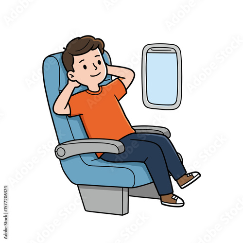 Man in airplane seat with orange shirt. Perfect for air travel, passenger experience, or comfortable flight journey illustrations.