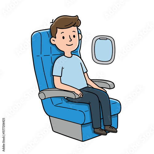 Man in airplane seat with blue shirt. Ideal for air travel comfort, passenger services, or travel accommodation concepts.