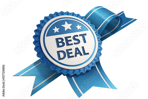 Blue ribbon award with best deal text and stars isolated on transparent background