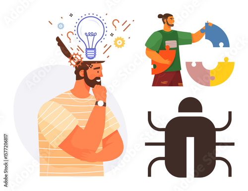 Man brainstorming with lightbulb and gears, man assembling puzzle pieces, bug illustration. Ideal for innovation, teamwork, creativity, programming, troubleshooting, brainstorming process
