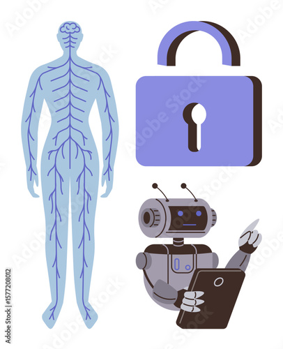 Human nervous system diagram, robot interacting with a tablet, and lock icon. Ideal for themes thumbs up healthcare, AI, security, technology, innovation, neuroscience simple flat metaphor