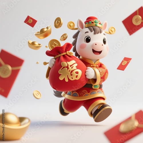 In the Chinese Lunar New Year, the Year of the Horse, the zodiac sign of the Horse, the God of Wealth sends out lucky bags, red envelopes and wealth