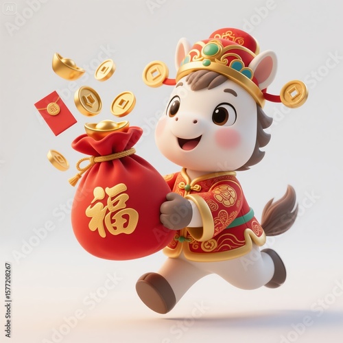 In the Chinese Lunar New Year, the Year of the Horse, the zodiac sign of the Horse, the God of Wealth sends out lucky bags, red envelopes and wealth