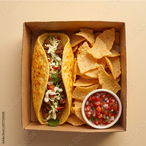 Delicious Golden Taco with Chips and Salsa Inside a Cardboard Box