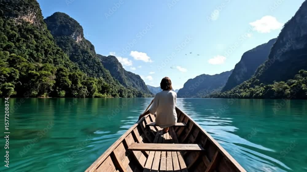 Woman on Wooden Boat Exploring Scenic Lake and Mountains Woman on Wooden Boat Exploring Scenic Lake and Mountains