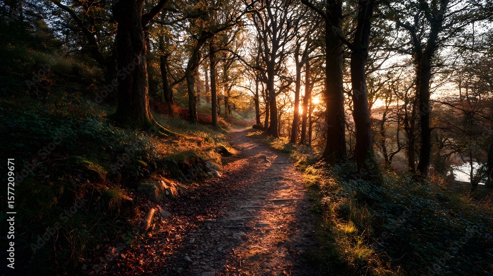 Obraz premium Sunlight streams through the trees along a nature trail, casting warm light on the path in a serene woodland scene.