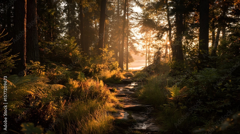 Fototapeta premium Sunlight streams through a forest trail, illuminating ferns and creating a peaceful, natural landscape.