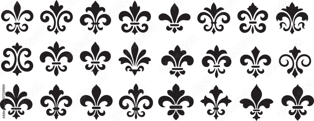 A collection of fleur de lis symbols isolated on white background