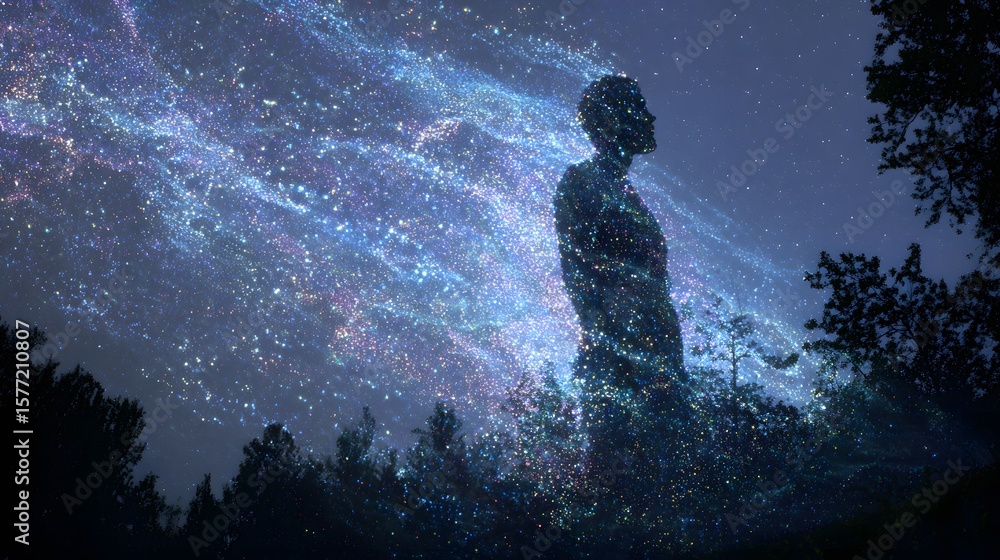 Obraz premium Man silhouette stands beneath a swirling cosmic sky, surrounded by glowing stardust and serene nature.