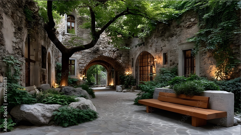 Fototapeta premium Old stone building courtyard with greenery high resolution image