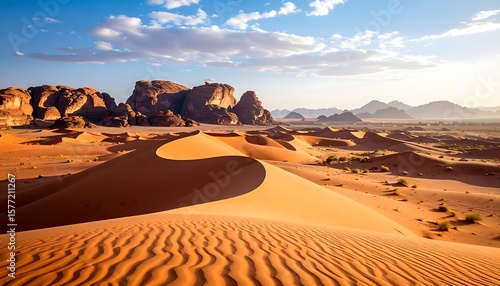 Fototapeta Naklejka Na Ścianę i Meble -  Sand dunes desert landscape with rock formations with blue sky in Al Ula, and Saudi Arabia.