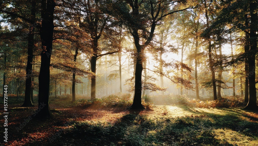 Obraz premium Golden sunlight streams through autumn forest