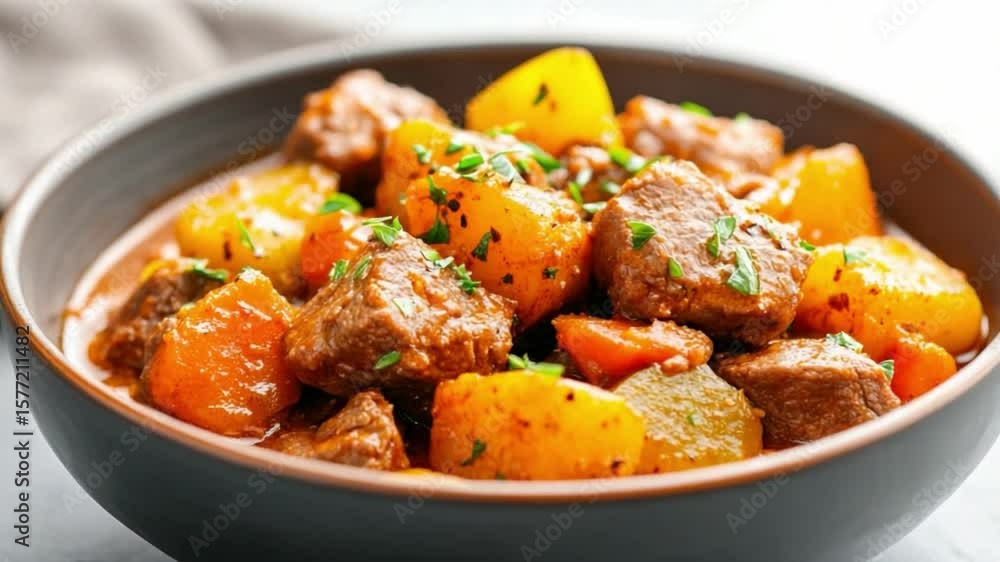 Hearty Stew Delight: A close-up shot of a warm and inviting bowl filled with a hearty stew, showcasing tender chunks of meat and vibrantly colored vegetables. Hearty Stew Delight: A close-up shot of a warm and inviting bowl filled with a hearty stew, showcasing tender chunks of meat and vibrantly colored vegetables.