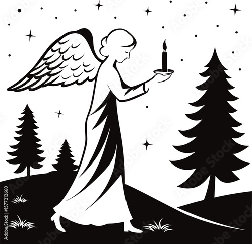Angel with wings and Christmas tree vector illustration design