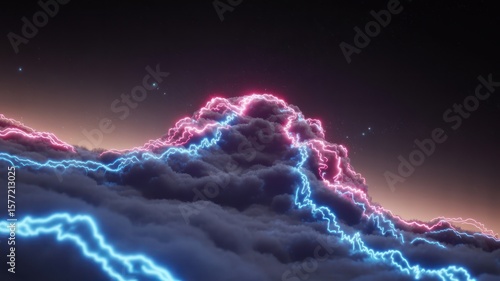 A view of storm clouds with pink and blue lightning strikes at night with a dark sky above it all