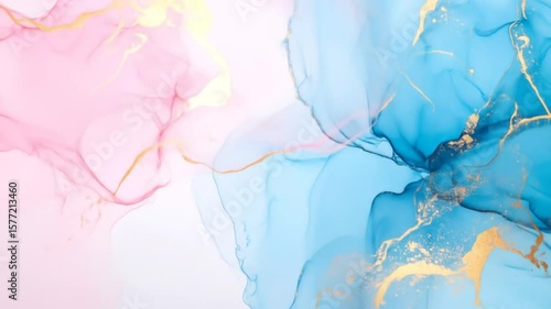 Abstract watercolor painting with pink and blue hues and gold flecks
