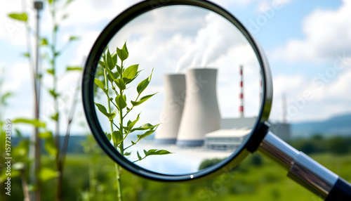 Examining nuclear energy production through a magnifying glass in a green landscape