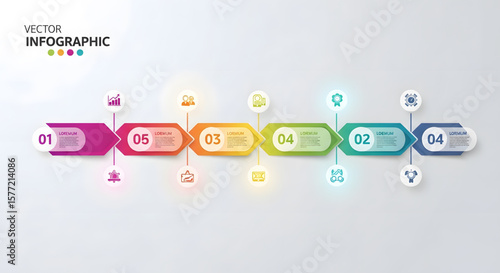 Colorful infographic timeline showcasing a sequential process with numbered steps and icons.