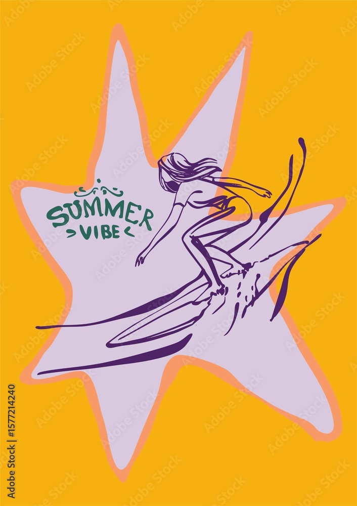 Obraz premium Summer by the sea, Summer atmosphere. La Dolce Vita - abstract postcard, poster in a modern style on the theme of seaside vacation, travel with text. Bright digital illustration for branding, printing