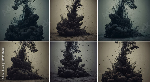 Six panels showing dark ink dispersing and swirling in water, creating abstract smoky shapes.