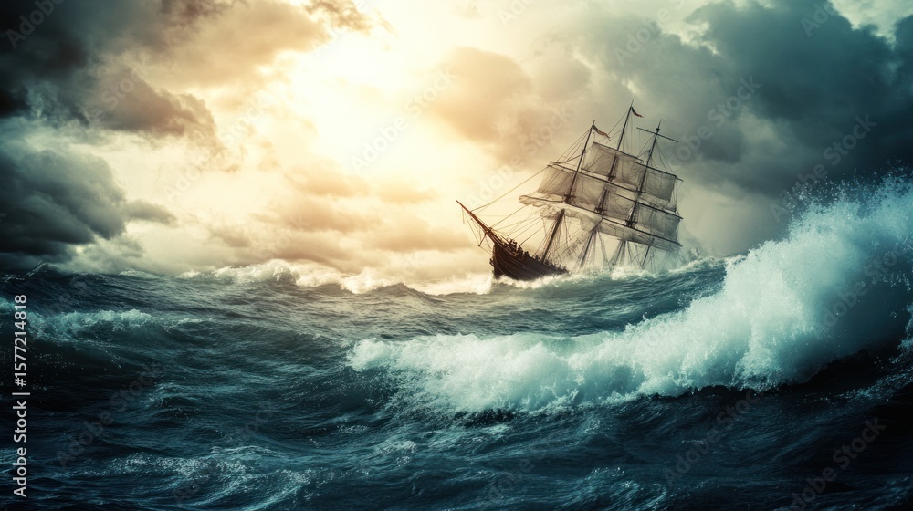 Obraz premium Stormy sea, sailing ship