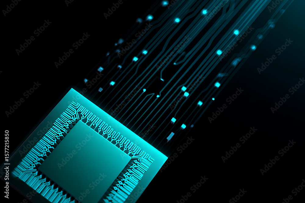 Obraz premium A glowing microchip with intricate circuit patterns and light trails symbolizes advanced technology and futuristic computing